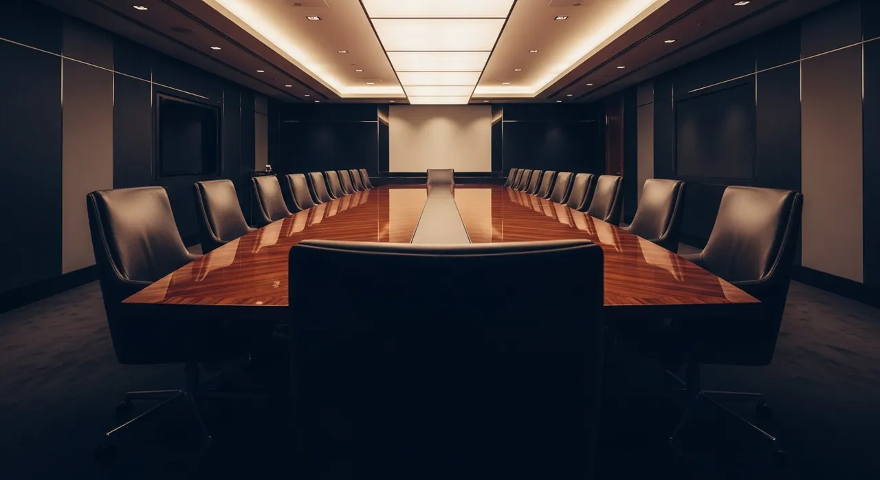 Executive boardroom with mahogany conference table and leather chairs